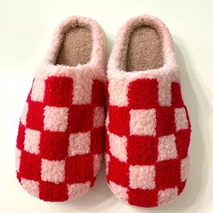 Women’s Hot Pink Plaid Checked Slip-On Faux Sherpa Houndstooth Slippers 6.5-11